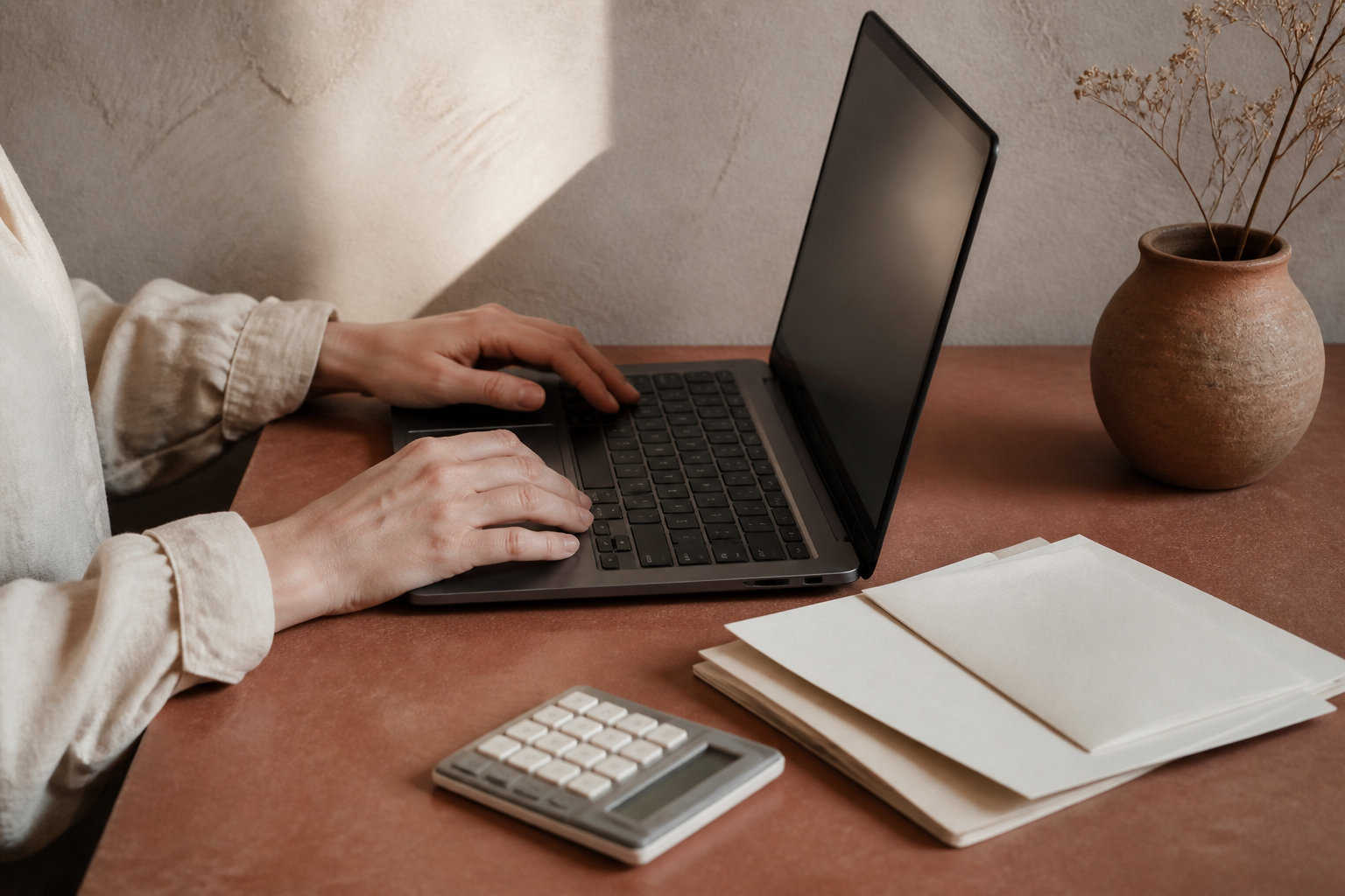 Financial professional managing invoices and business operations at a warm clay-toned desk