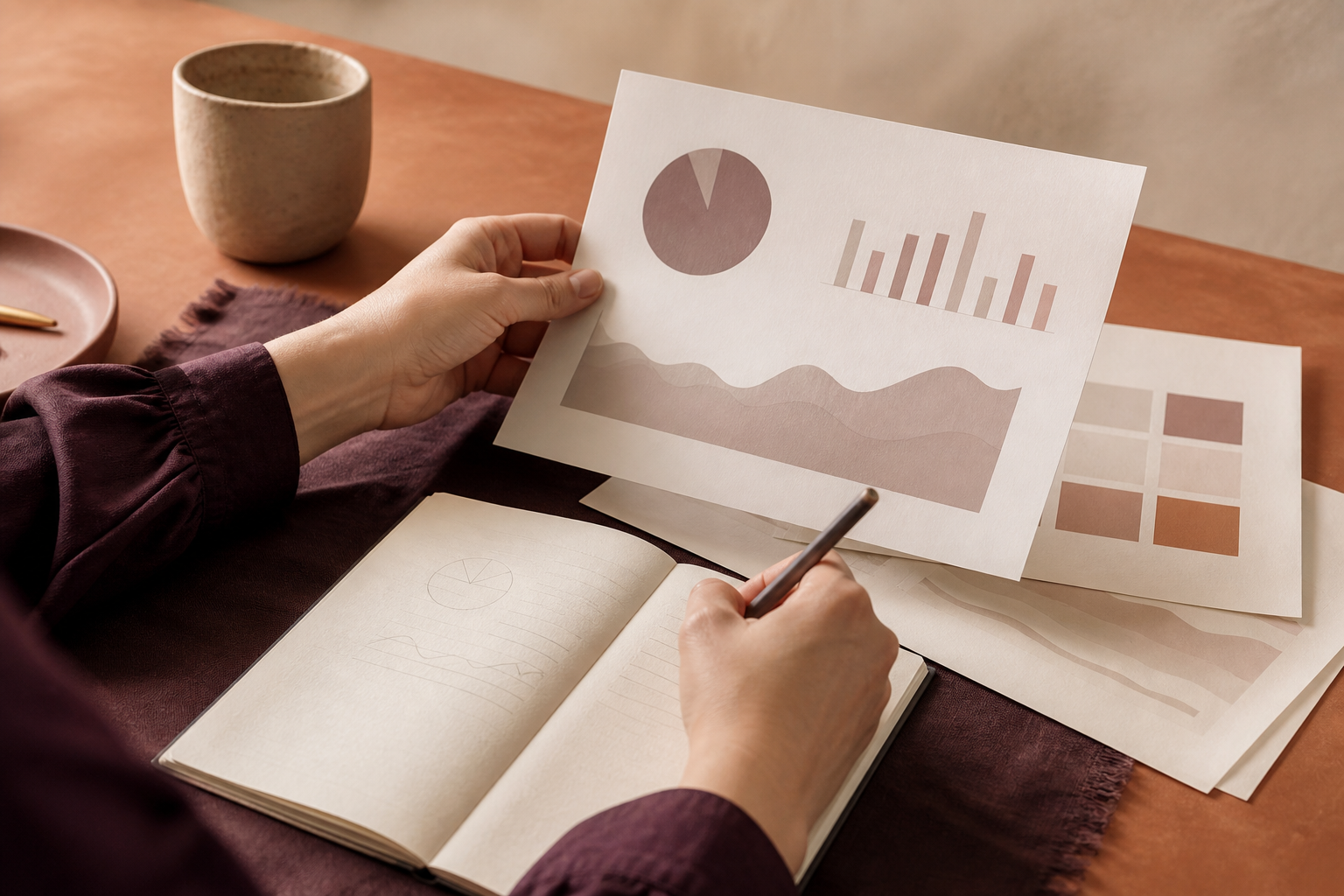 A business owner reviewing cash-flow charts and making notes at a warm clay-toned desk
