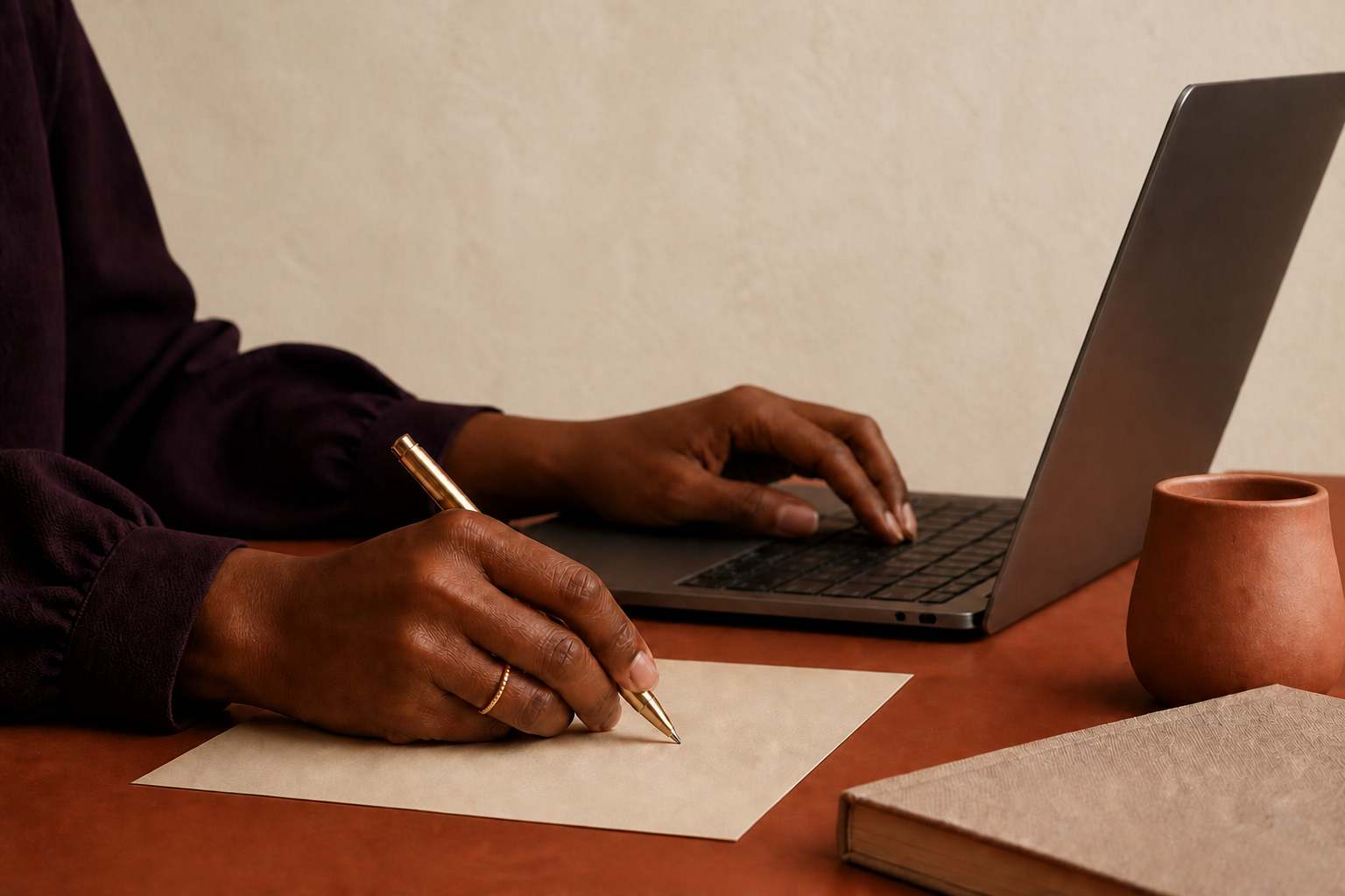 A Black financial professional working with a laptop and parchment notes against a warm limewash wall