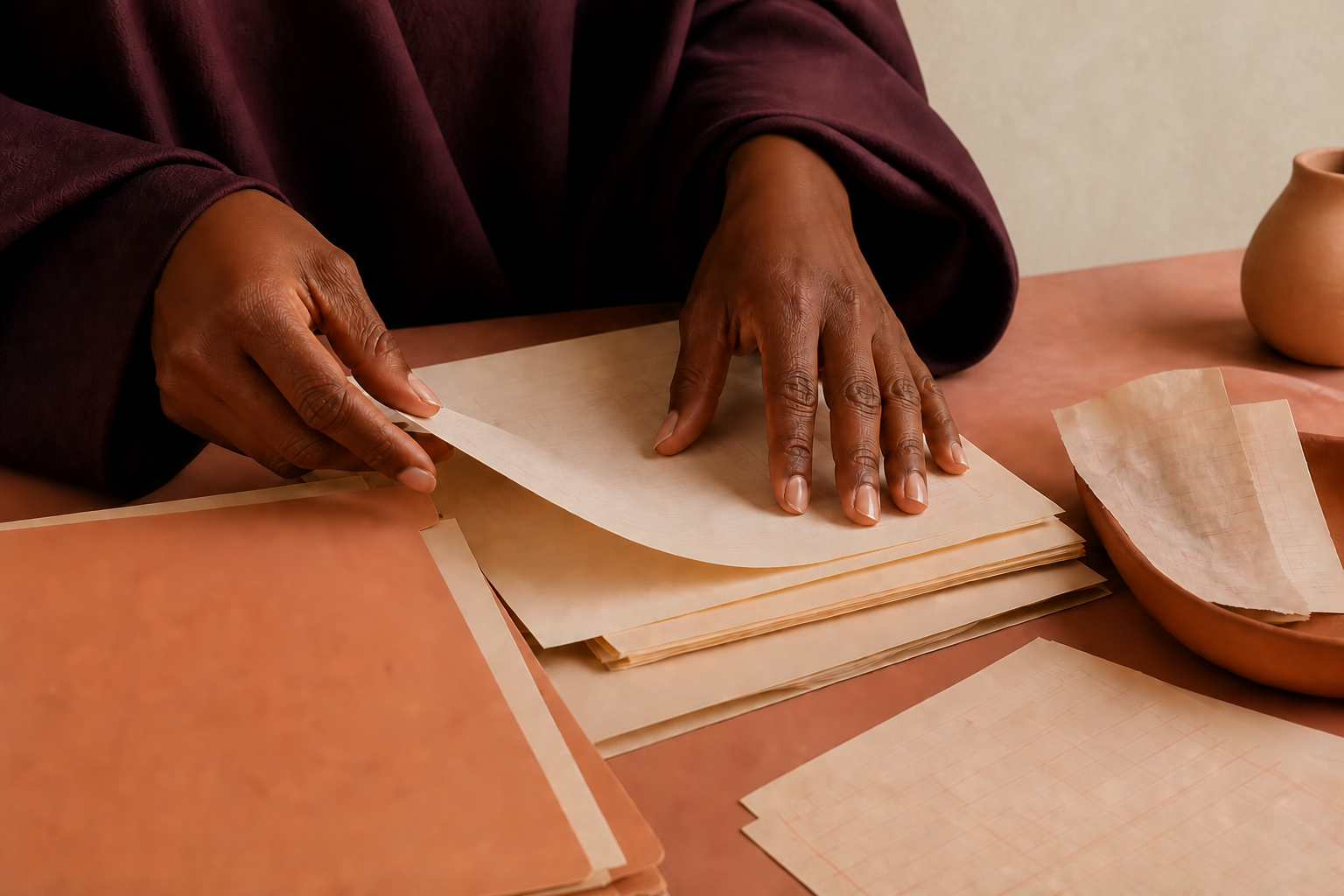 A Black financial professional organizing bookkeeping records at a clay-toned desk