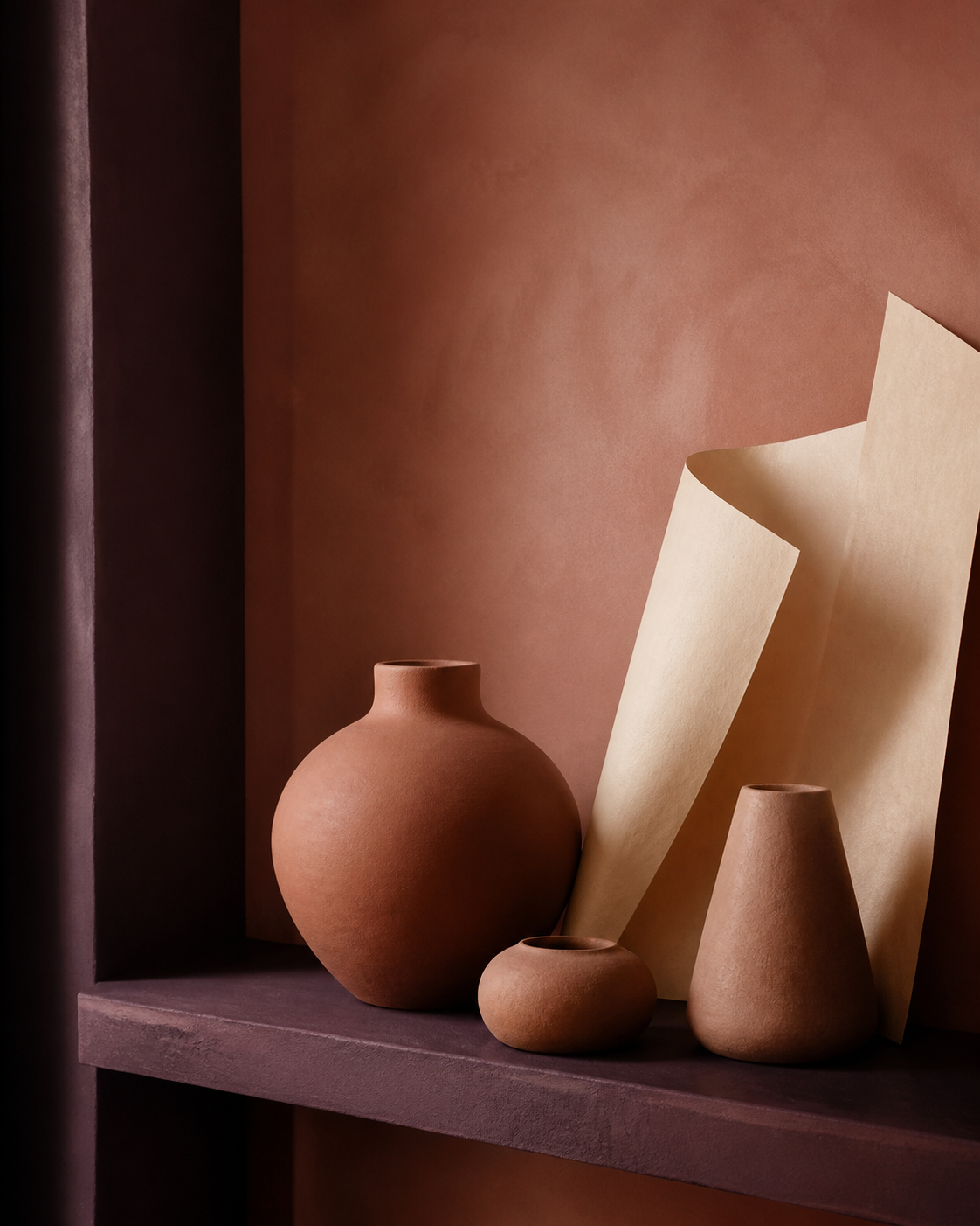 Hand-formed clay vessels and folded parchment in a quiet still life